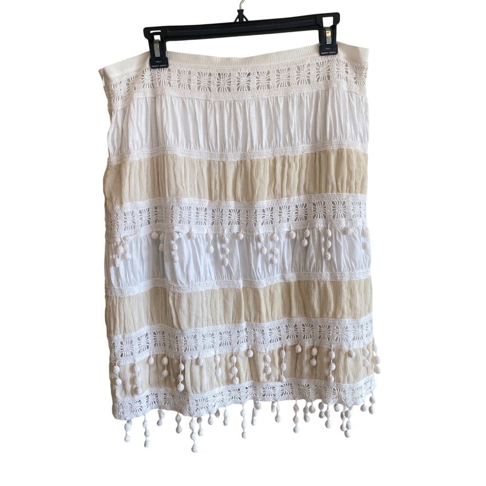 Trina Turk Skirt w/ Pom Poms Women's 12 Ivory Beige Cotton Silk Lined - Picture 12 of 15